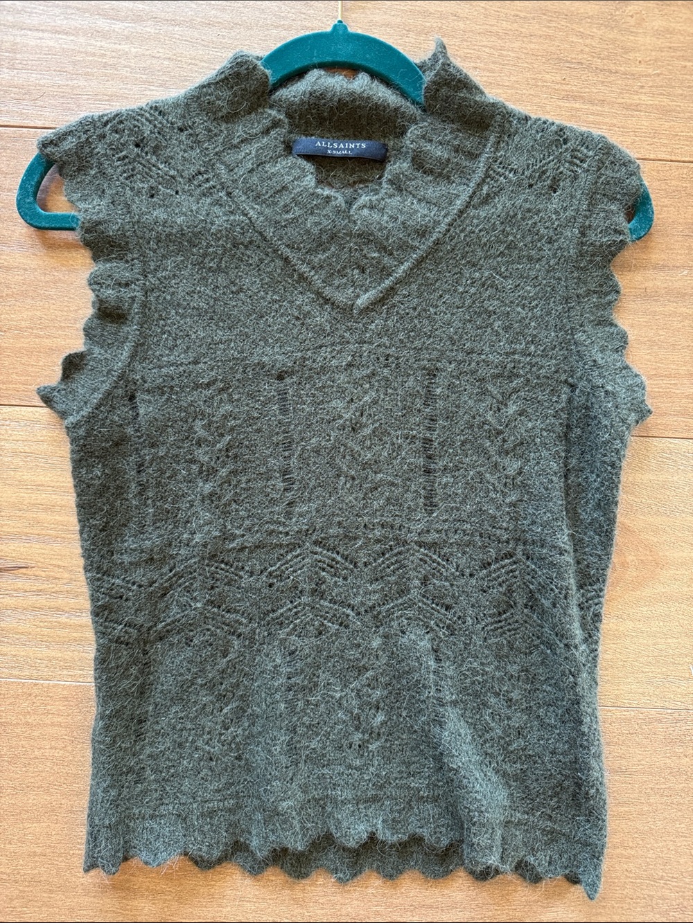 All Saints Olive Green Knit Wool Alpaca Blend Sleeveless V‑Neck Sweater Vest